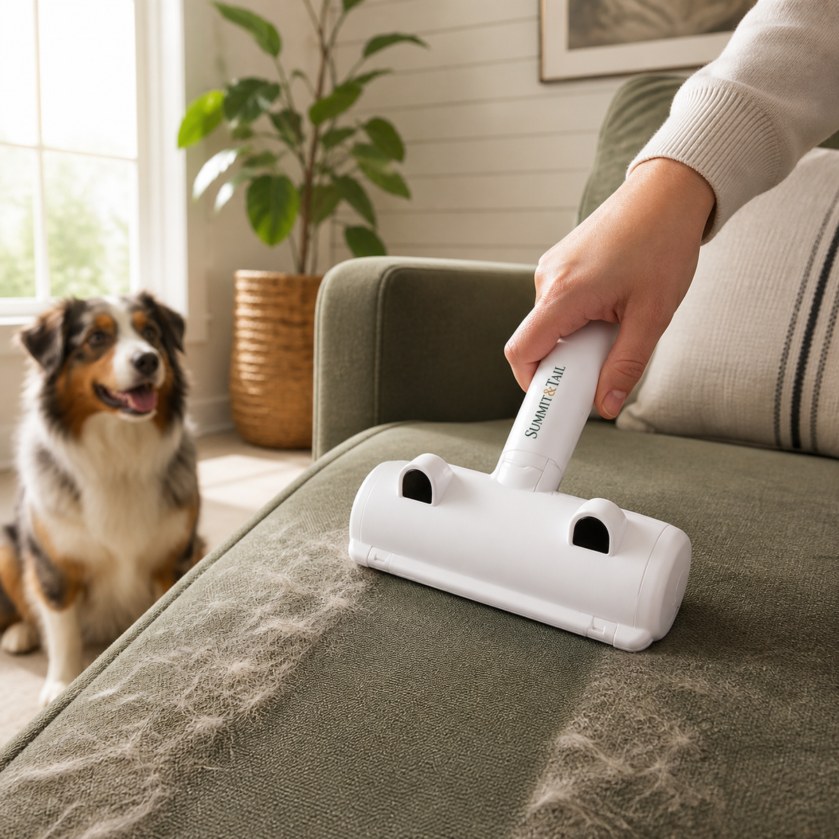 Hand rolling the Summit & Tail Fur-Free roller across a fur-covered green couch cushion while a dog watches