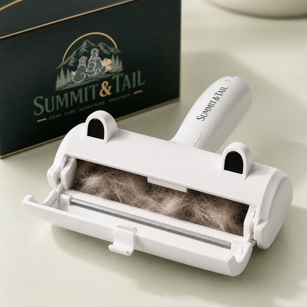 Fur-Free roller with its collection chamber open, showing the pet hair gathered inside
