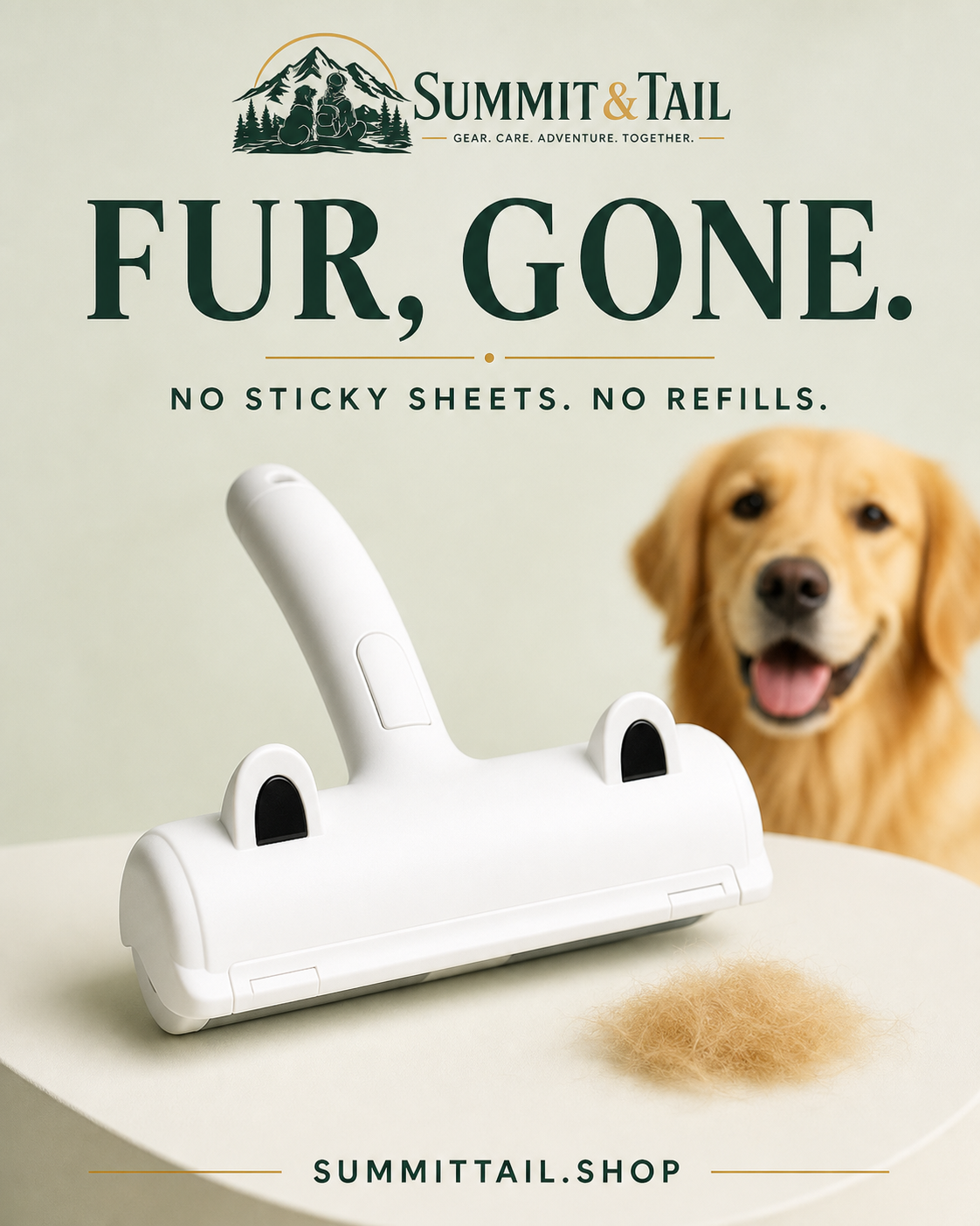 Summit & Tail ad graphic reading Fur, Gone. No sticky sheets. No refills, showing the roller and a golden retriever