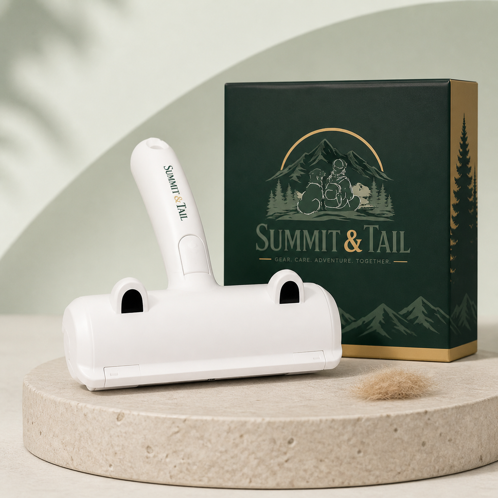 Summit & Tail Fur-Free reusable pet hair roller on a stone pedestal beside its dark green branded box